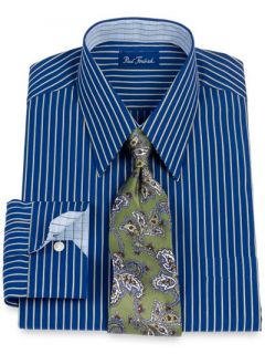 Paul Fredrick Mens 2 Ply Cotton Satin Shadow Stripe Straight Collar Dress Shirt