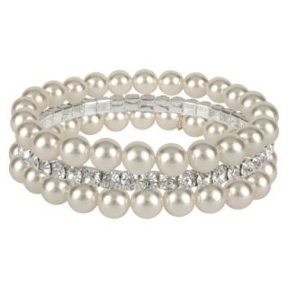 Womens Bangle Bracelet Set 3 Rows Pearl and Crystal   Silver/Cream