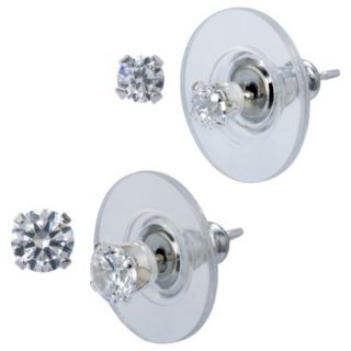 Sterling Silver 2 Pair Set of Cubic Zirconia Stud Earrings   Silver