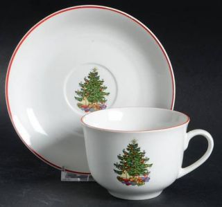 Cuthbertson American Christmas Tree (White) Flat Cup & Saucer Set, Fine China Di