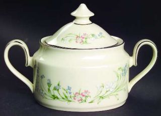 Minton Brookwood Sugar Bowl & Lid, Fine China Dinnerware   Blue, Pink & White  F