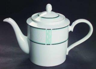 Noritake Ricochet Teapot & Lid, Fine China Dinnerware   Blue,Green&Black Ring,Wh