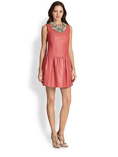 RED Valentino Leather Floral Applique Dress   Raspberry