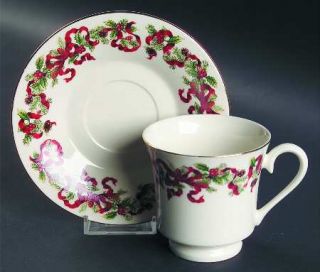 World Bazaars Christmas Ribbon Footed Cup & Saucer Set, Fine China Dinnerware  