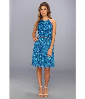 London Times Halter Belted Fit Flare Womens Dress (Blue)