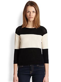 Cardigan Rene Striped Open Knit Wool & Cotton Sweater   Black/Winter White