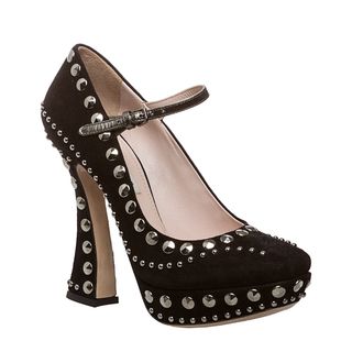 Miu Womens Black Studded Suede Platform Pumps (Suede with leather strap and studs Toe shape SquareHeel height/type 5 inch contoured heelPlatform height 1 inchWidth MediumLining LeatherSole Leather and rubberFootbed Lightly PaddedMade in ItalyMeasur