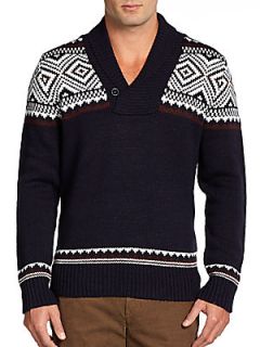 Nordic Shawl Collar Sweater   Navy White