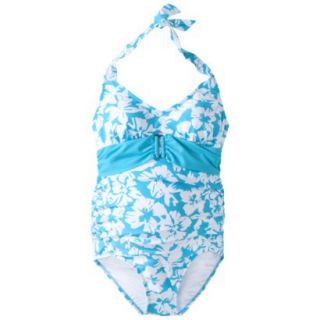 Womens Maternity Tie Neck Belted One Piece Swimsuit   Turquoise/White XL