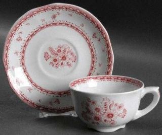 Arabia of Finland Finn Flower Red (White Bckgrd) Flat Cup & Saucer Set, Fine Chi