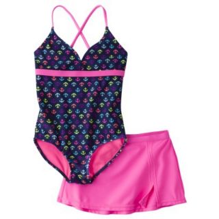 Xhilaration Girls Anchor 1 Piece Swimsuit and Cover Up Skirt Set   Blue/Pink XS