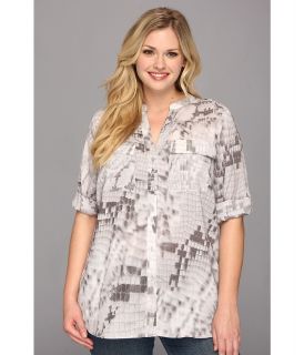 Calvin Klein Plus Print Crew Top w/ Convertible Sleeves Womens Blouse (Gray)