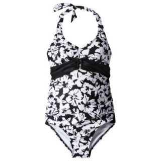 Womens Maternity Tie Neck Belted One Piece Swimsuit   Black/White L