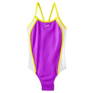 Speedo Girls 1 Piece Racer Back Mesh Splice Swimsuit   Purple 8