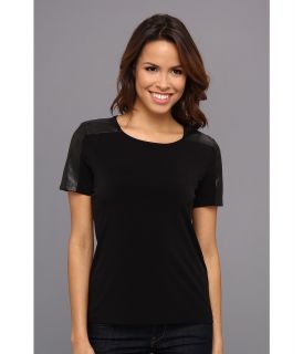 Calvin Klein S/S Top w/ Perforated Polyurethane Sleeve Womens Short Sleeve Pullover (Black)