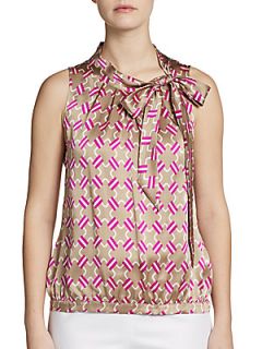 Sleeveless Printed Silk Tie Blouse   Beige Pink