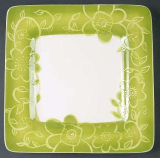 Laurie Gates Tess Square Dinner Plate, Fine China Dinnerware   Floral,Green Rim,