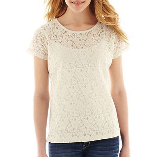 Short Sleeve Lace Tee   Petite, Stone Beige, Womens