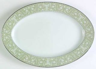Sango Buckingham 14 Oval Serving Platter, Fine China Dinnerware   Green Rim, Wh