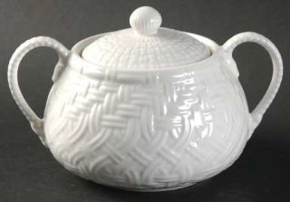 Ralph Lauren Wicker Basket Sugar Bowl & Lid, Fine China Dinnerware   All White,