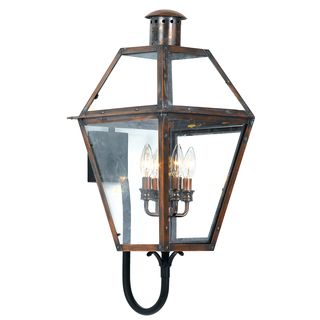 Rue De Royal 4 light Outdoor Aged Copper Wall Sconce (CopperFinish Aged copperNumber of lights Four (4)Requires four (4) 60 watt B10 candelabra base bulb (not included)Dimensions 29 inches high x 13.5 inches wide x 16 inch extensionShade dimensions 7 