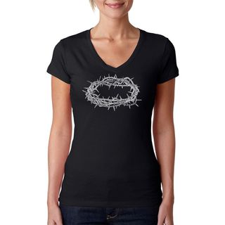 Los Angeles Pop Art Womens Jesus Crown Of Thorns Black V neck T shirt (100 percent cotton Machine washableAll measurements are approximate and may vary by size. )