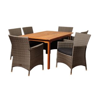 Carla 7 piece Wood/ Wicker Outdoor Dining Set (Brown/ greyMaterials 100 percent FSC eucalyptus wood and wickerFinish StainedCushions included YesWeather resistant YesUV protection YesWeight 180 poundsTable dimensions 30 inches high x 34 inches wide