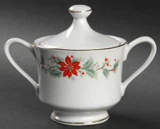 Trisa 1693 (China) Sugar Bowl & Lid, Fine China Dinnerware   Poinsettia & Holly