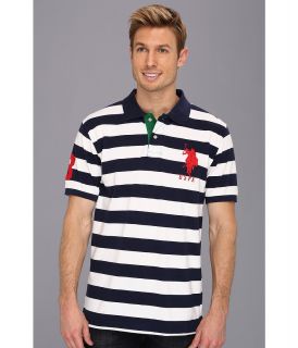 U.S. Polo Assn Striped Polo with Big Pony Mens Short Sleeve Pullover (Navy)