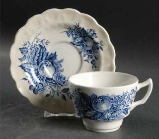 Ridgway (Ridgways) Devon Fruit Blue Flat Cup & Saucer Set, Fine China Dinnerware
