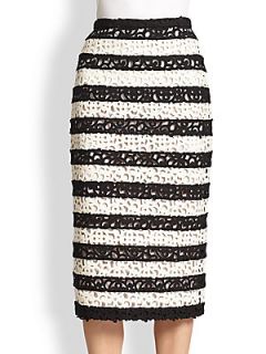 Burberry Prorsum Striped Lace Pencil Skirt   White Black