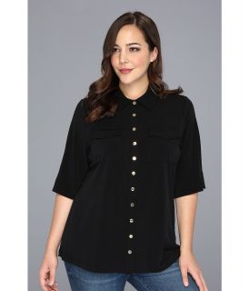 Calvin Klein Plus Solid Roll Matte Jersey Sleeveless w/ Pockets Womens Long Sleeve Button Up (Black)
