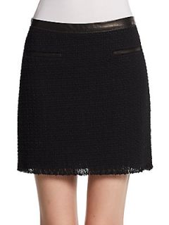 Leather Trimmed Tweed Mini Skirt   Black