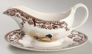 Spode Woodland Gravy Boat & Underplate, Fine China Dinnerware   Brown Floral Bor