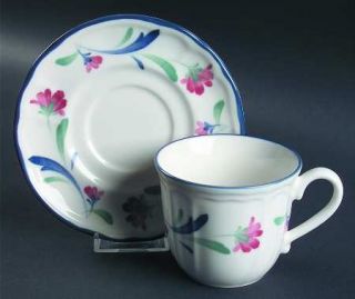 Epoch Promenade Flat Cup & Saucer Set, Fine China Dinnerware   Pink Floral Borde