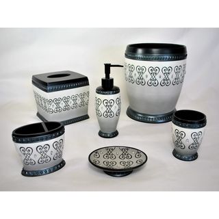Sherry Kline Abingdon Bath Accessory 6 piece Set (Grey/ black Materials ResinDimensionsSoap dish 1.5 inches high x 5 inches wide x 4 inches long Tumbler 4.75 inches high x 3.5 inches in diameter Toothbrush holder 4.5 inches high x 4.75 inches in diam