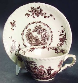 Masons Watteau Brown Flat Cup & Saucer Set, Fine China Dinnerware   Brown Flora