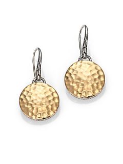 John Hardy 18K Yellow Gold & Sterling Silver Hammered Disc Drop Earrings   Gold