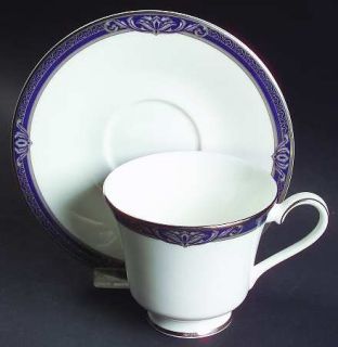 Royal Doulton Byron Footed Cup & Saucer Set, Fine China Dinnerware   Blue Border