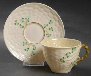 Belleek Pottery (Ireland) Shamrock Flat Cup & Saucer Set, Fine China Dinnerware