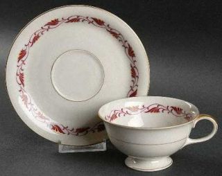 Baronet Cynthia Red Footed Cup & Saucer Set, Fine China Dinnerware   Red Scrolls