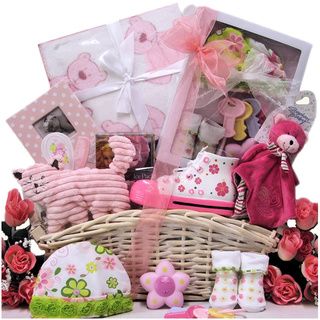 Beautiful Baby Girl Gift Basket (PinkGender GirlDotted baby piggy bank100 percent cotton washcloth, bath squirter block, pacifier, sneaker bootiesPlush super soft bear with gingham tied bowEmbroidered Its a girl brag book Star brush and comb setElephant 