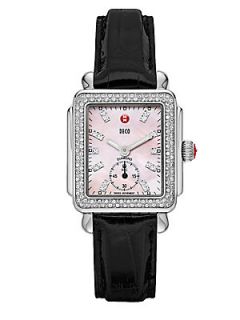Michele Watches Deco Diamond & Pink Mother of Pearl Rectangular Alligator Strap
