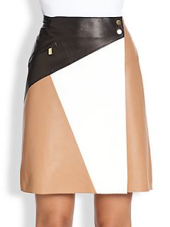 Michael Kors Leather Colorblock Skirt   Suntan
