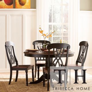 Tribecca Home Mackenzie 5 piece Country Black Dining Set (Two tone antique black with a cherry finishMaterials Solid Asian rubberwood Finish Antique black and distressed cherryNumber of chairs Four (4)Seat height 18 inches DimensionsTable measures 30 