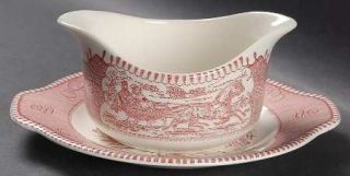 Royal (USA) Currier & Ives Pink Gravy Boat & Underplate, Fine China Dinnerware  