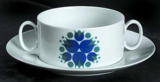 Thomas Pin Wheel Blue Flat Cream Soup Bowl & Saucer Set, Fine China Dinnerware  