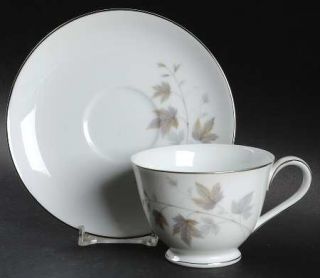 Noritake Harwood Footed Cup & Saucer Set, Fine China Dinnerware   Tan, Gray Leav