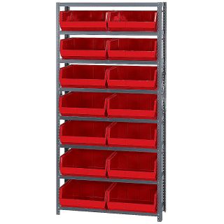 Quantum 36 Wide Shelving With Extra Large Bins   36X12x75   (14) 16 1/2 X14 3/4 X7 Bins   Red   Gray