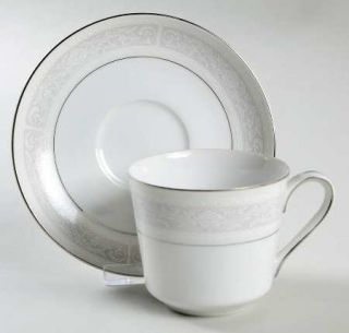 Sone Stream Flat Cup & Saucer Set, Fine China Dinnerware   White Flowers On Gray